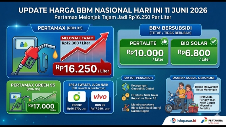 Pertamax Melonjak Tajam Jadi Rp16.250 Per Liter, Simak Update Harga BBM Nasional Hari Ini 11 Juni 2026